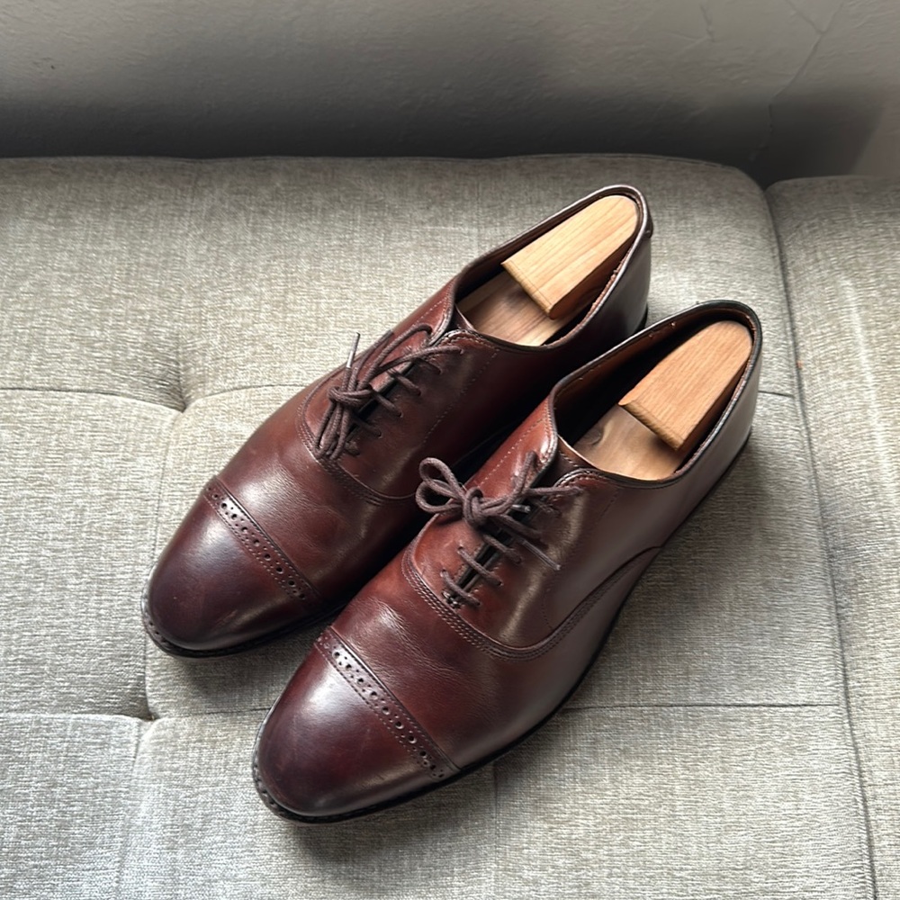 Allen Edmonds Fifth Avenue Mahogany 10.5E with rubber half soles and shoe trees